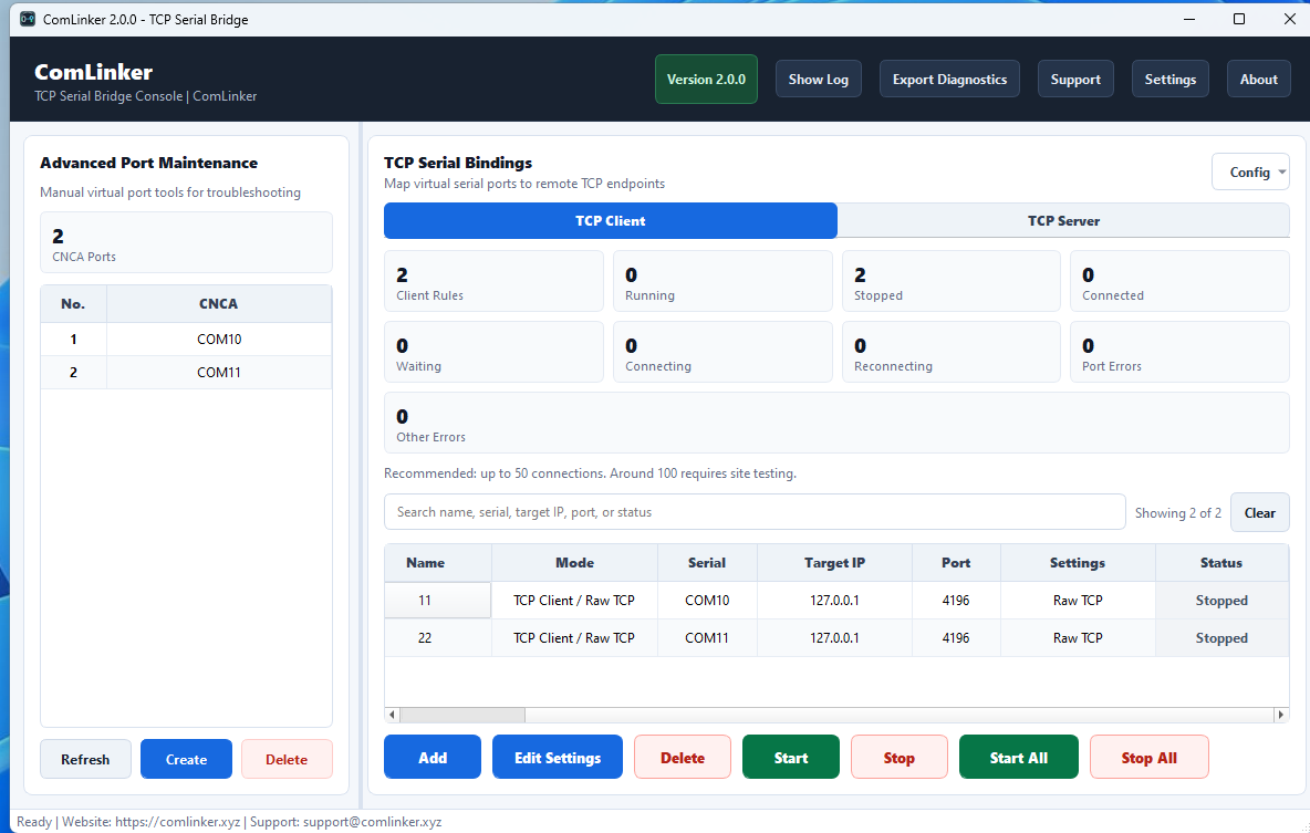 ComLinker desktop console showing TCP serial bindings and virtual COM ports